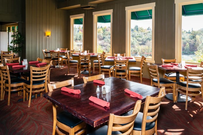 Cliff House main dining room with American River view.